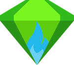 Geometric green emerald gemstone logo featuring a blue flame icon centered at the bottom tip.
